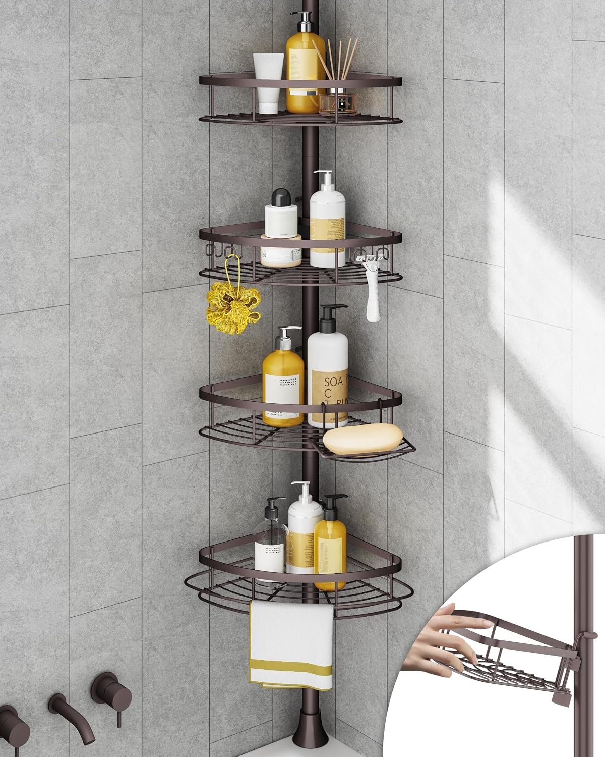 Rustproof Shower Corner Caddy Organizer for Bathroom, Tension Pole with 4 Baskets, for Bathtub Storage Rack, 34 to 116 Inch Height, Bronze