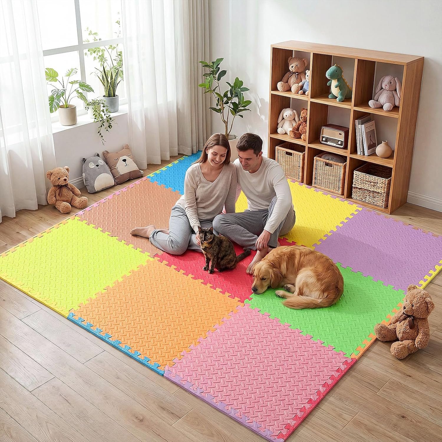 9 Pack 24 x 24” Interlocking Puzzle Playmat 36 Sq.Ft EVA Foam Exercise Mat Floor Tiles with 16 Borders Non Slip Colorful Large Foam Mats for Home Gym Playroom Flooring Workout Studio