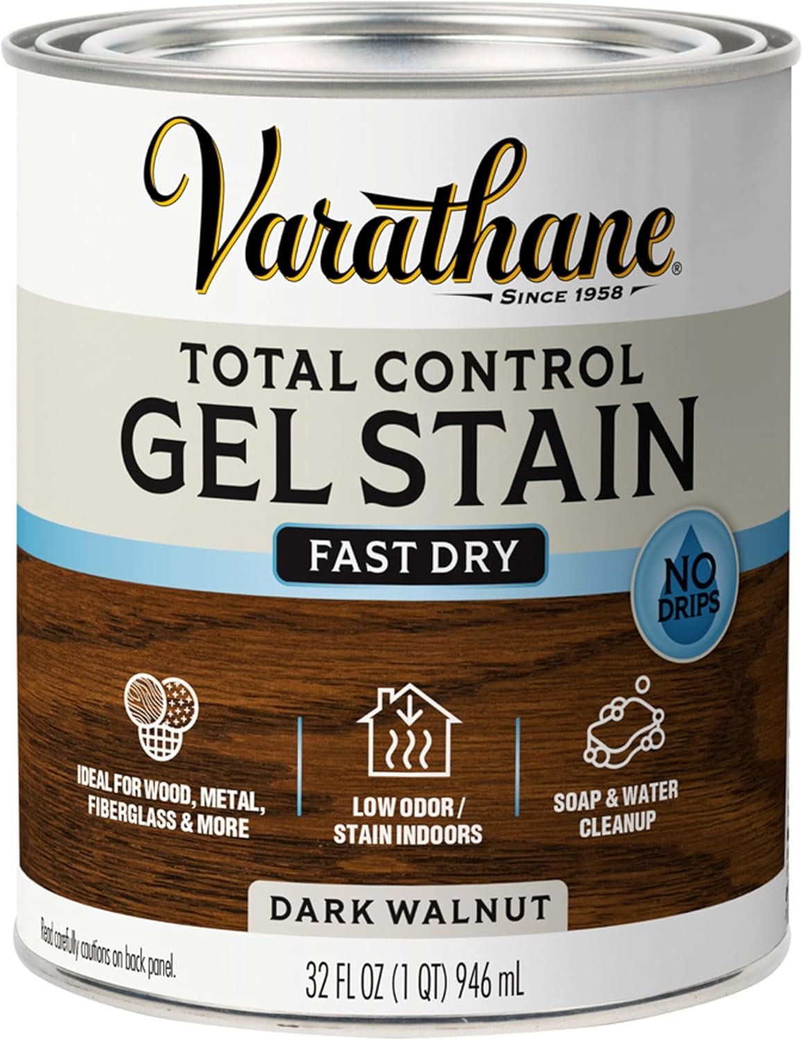 Varathane Total Control Dark Walnut Gel Stain | Thick Gel For Vertical Surface Application, Wood, Metal, And Fiberglass, Low Odor Water-Based Formula, Quart
