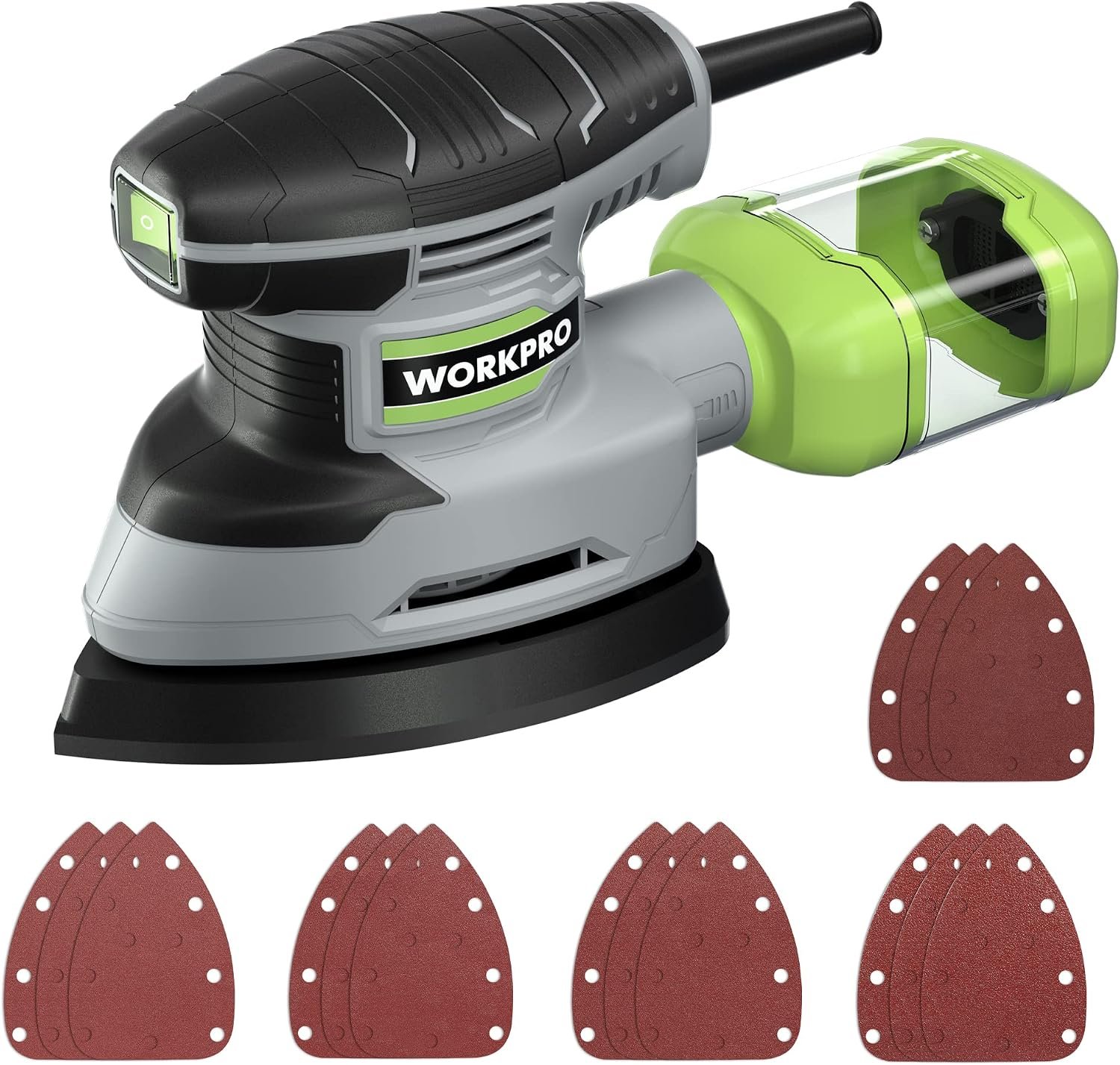WORKPRO Detail Electric Sander with Dust Bag for Woodworking, 1.6 Amp | 13000 RPM, 15pcs Sandpaper Included, Compact Electric, For Woodworking