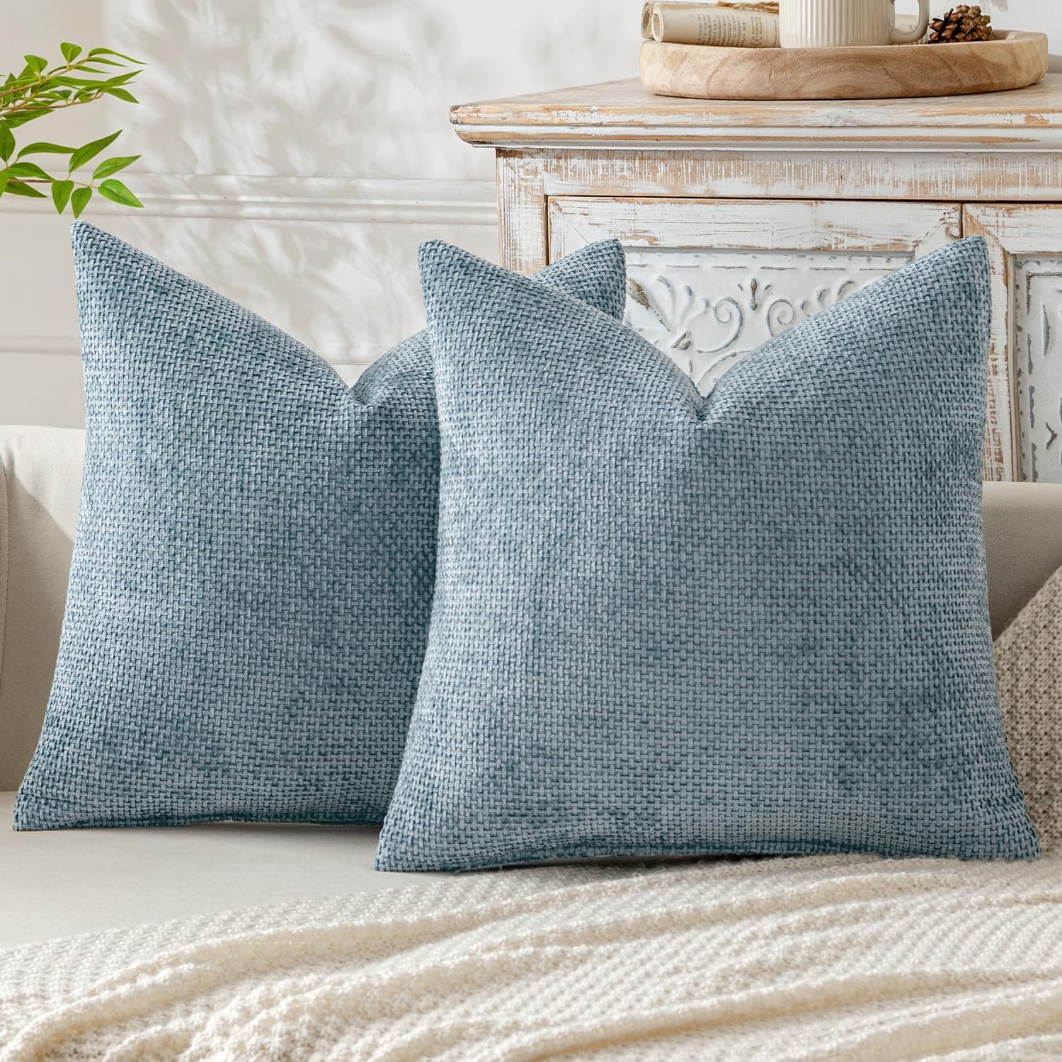 MIULEE Decorative Couch Throw Pillow Covers 18×18 Inch Coastal Blue 2 Pack | Coastal Modern Boho Accent, Soft Chenille Pillow Covers, Farmhouse Cushion Cases for Home Decor Bed Sofa Living Room