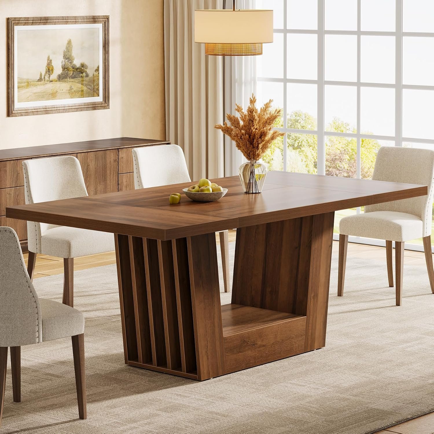 Tribesigns 63-Inch Dining Table for 4-6, Farmhouse Rectangular Kitchen Dinner Table with Heavy-Duty Base, Wood Dining Room Furniture for Kitchen, Living Room, Home, Brown