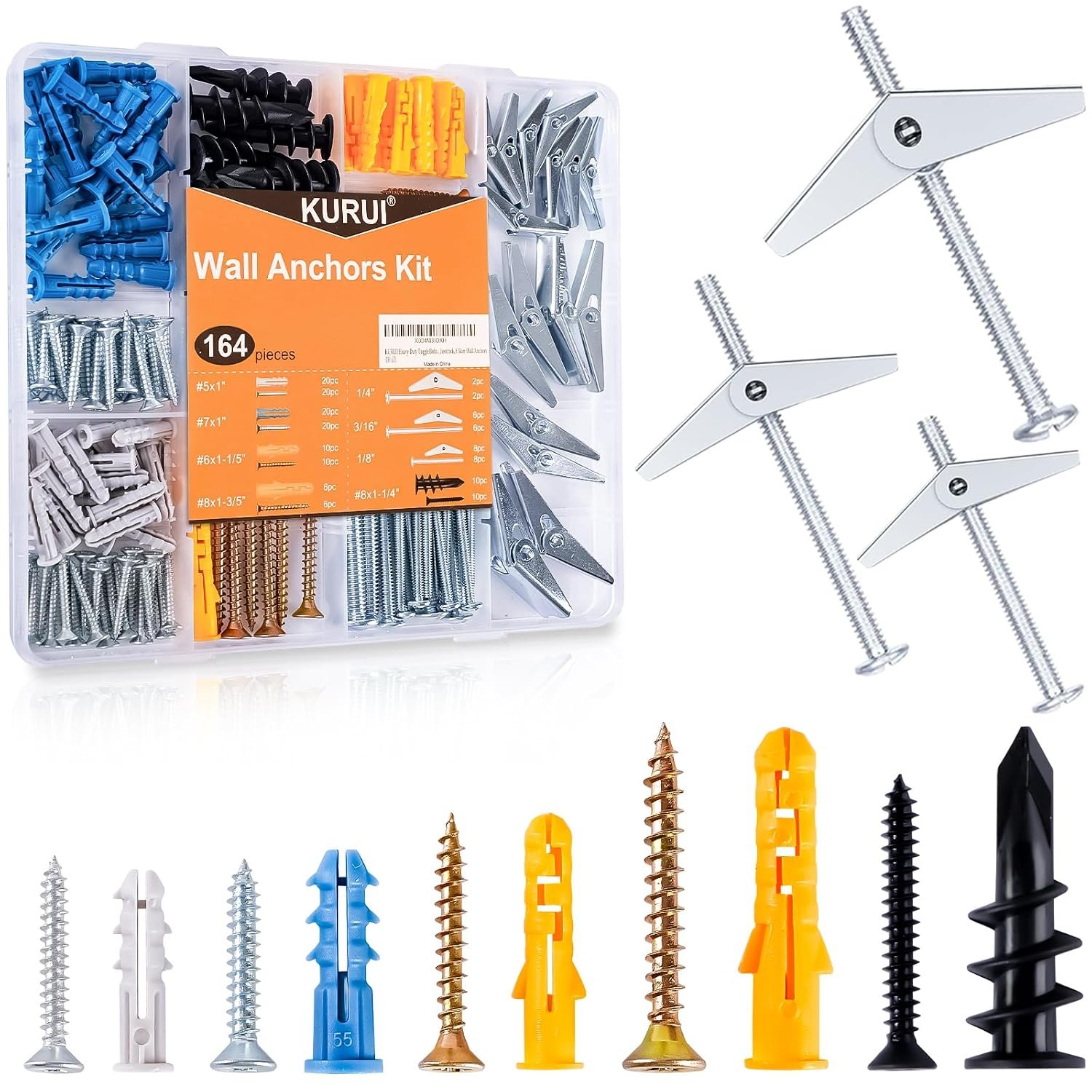 Drywall Anchors Assortment Kit With Self Drilling Wall Anchors and Heavy Duty Toggle Bolts, Metal/Plastic Dry Wall Anchors for Hanging Picture Art, 164Pcs Butterfly Anchor and Screws for Ceiling