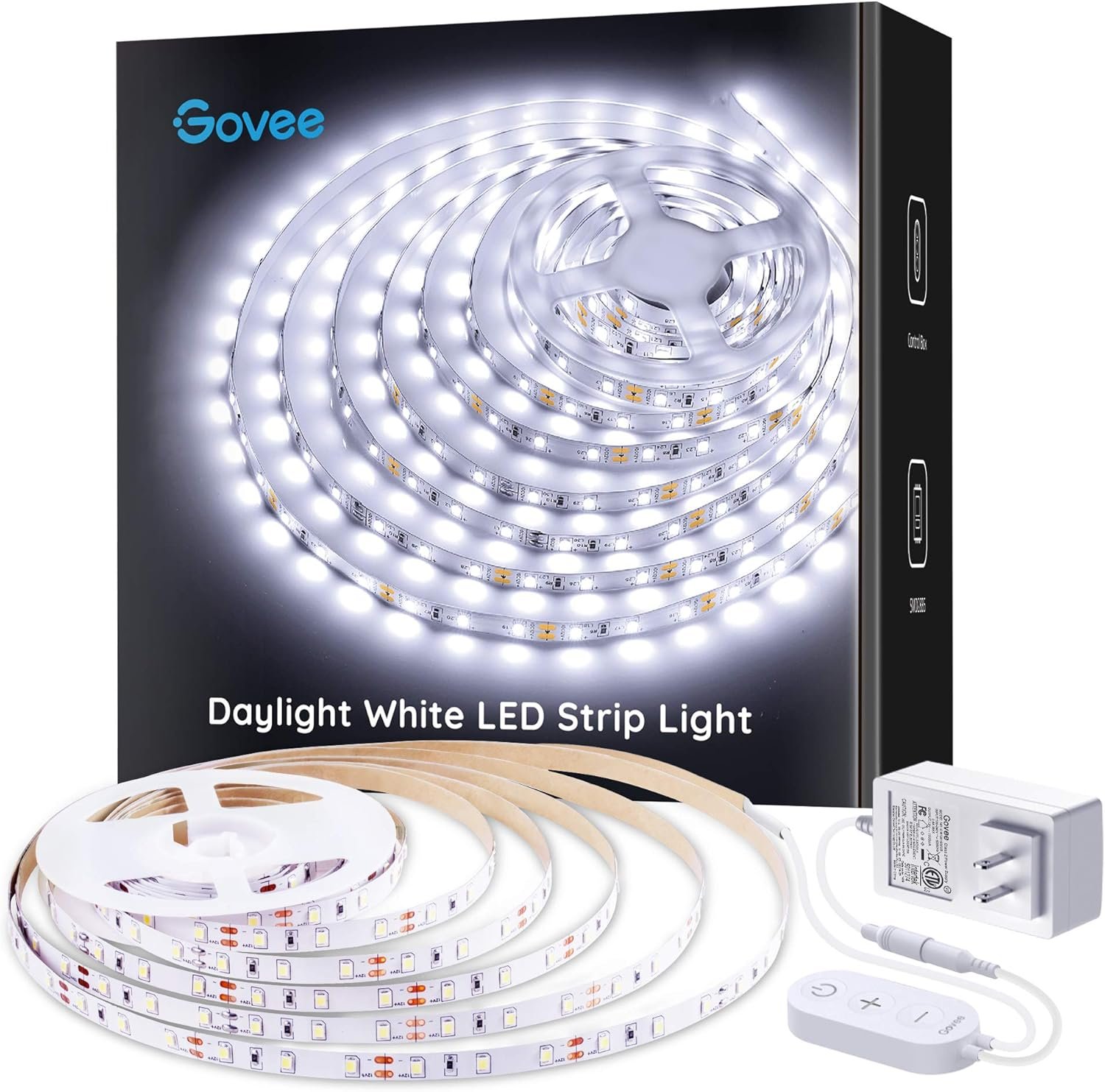 Govee Cool White LED Strip Lights 16.4ft with Control Box, 6500K, Dimmable | Bright 300 LEDs, Strong Adhesive, Daylight White Lights for Mirror, Under Cabinet, Living Room, Study, LED Lights for Bedroom