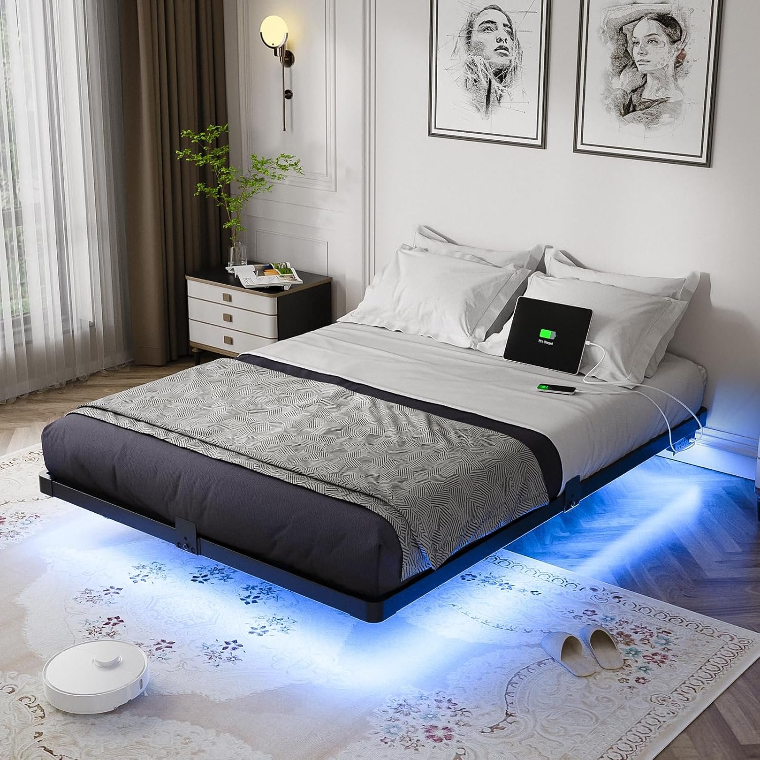 OLEVS Floating Bed Frame Full Size Metal with LED Light & Charging Station | Full Metal Platform Bed Frame with Smart LED, Charging Station, Modern Floating Bed, No Box Spring Needed, Easy Assembl