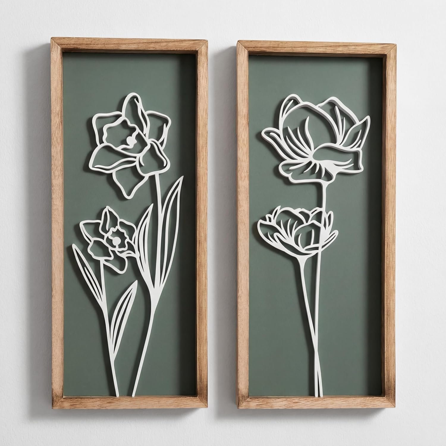 Tide and Tales Floral 3D Green Wall Art, Botanical Wall Decor, Set of 2 | 7″ x 16″, Lightweight, Framed Ready-to-Hang, Bathroom Wall Decor, Bedroom, Living Room or Office, Boho, Farmhouse, Gift-Boxed