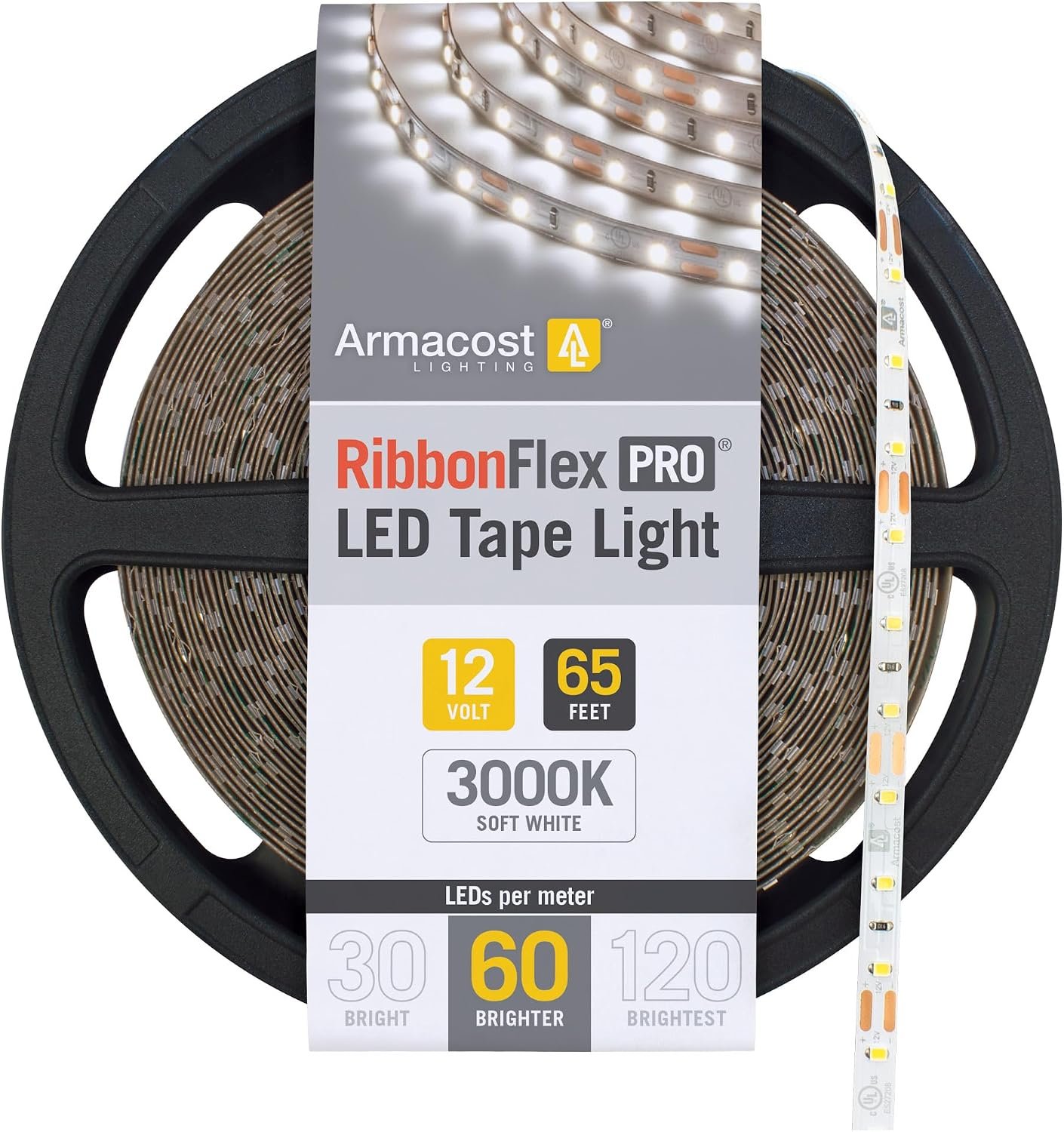 Armacost Lighting RibbonFlex Pro 12V White LED Strip Lights 60 LED/m, 3000K, 65.6 ft, 142260