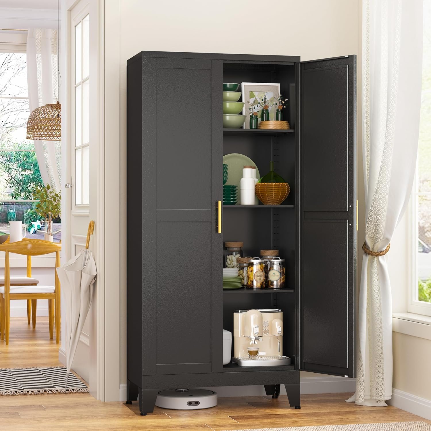 GAIOUS Metal Storage Cabinet With 2 Doors and 3 Adjustable Shelves, Black Kitchen Pantry for Food, Utility Cabinet for Laundry Room, Cupboard