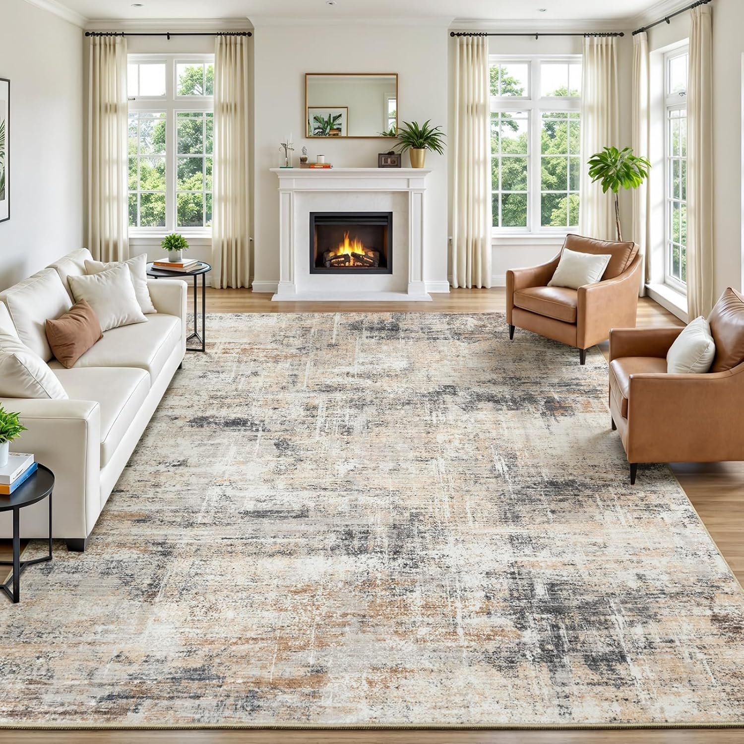 8×10 Area Rug for Living Room, Abstract Washable Non-Slip Large Rugs, Gold | Soft Neutral Carpet for Bedroom, Dining Room, Home Office Nursery Indoor, Stain Resistant, Low Pile, Foldable Modern Rug