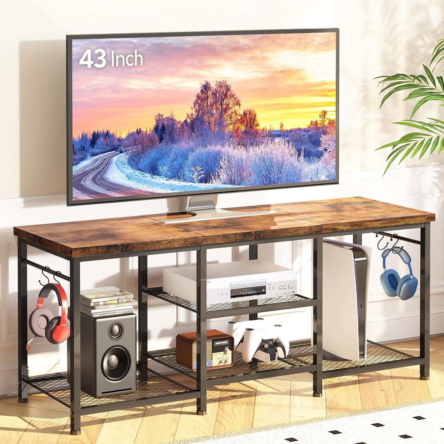 YGEOMER TV Stand for TVs Up to 50 Inch, Black | Fits 32/40/43/48 inch TVs, 11.8in depth, 21.5in height, open storage shelves, bedroom, living room