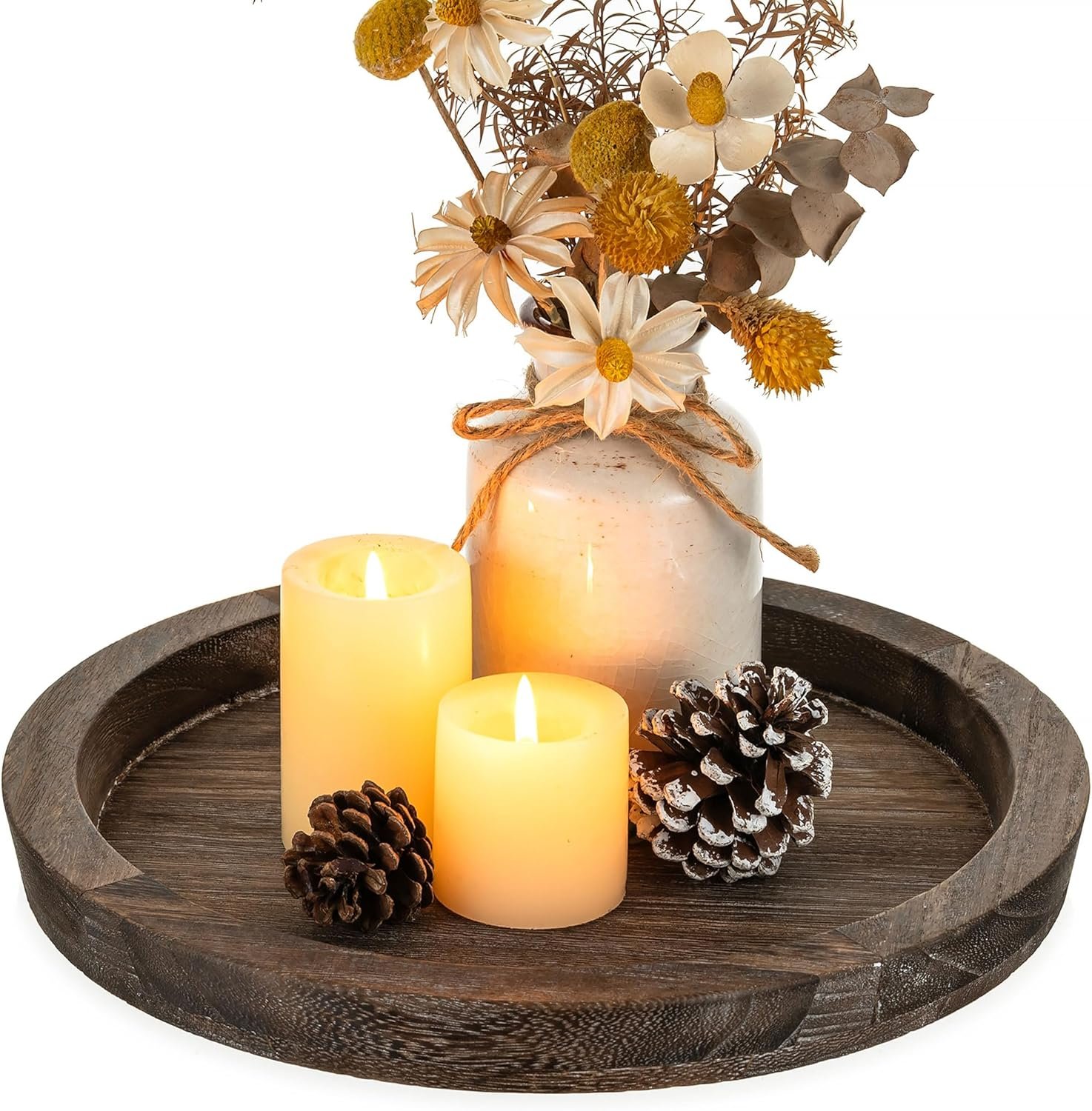 Hanobe Wooden Tray for Coffee Table, Decorative Round Candle Holder Plate | 11.2″ Vintage Dining Table Centerpiece, Rustic Farmhouse Home Decor Serving Tray, Brown