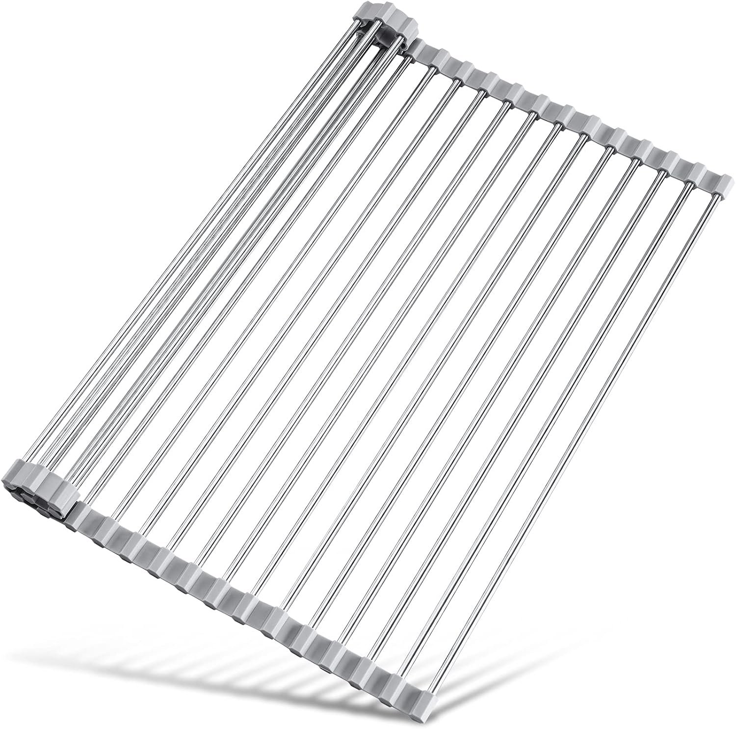 Tomorotec 17.7″ x 15.5″ Roll Up Dish Drying Rack Over Sink Drying Rack Sink Cover Kitchen Sink Accessories Gadget Multipurpose Organizer Foldable Stainless Steel Drainer (Grey) | Anti-Slip Silicone Rims For Grip, Heat-Resistant Trivet Mat Holding Heavy Cookware, Rustproof Kitchen Counter Space Saver