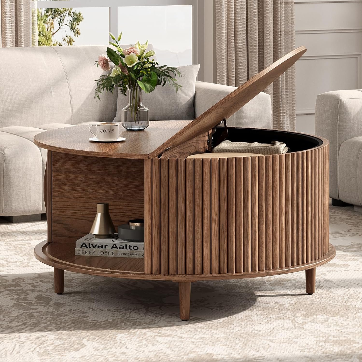 JOINICE 31.5″ Round Coffee Table with Storage for Living Room, Walnut | Hidden Storage,Fluted Sliding Door,Mid Century Furniture for Small Apartments,Solid Wood Legs,Easy Assembly,Up to 110 lbs