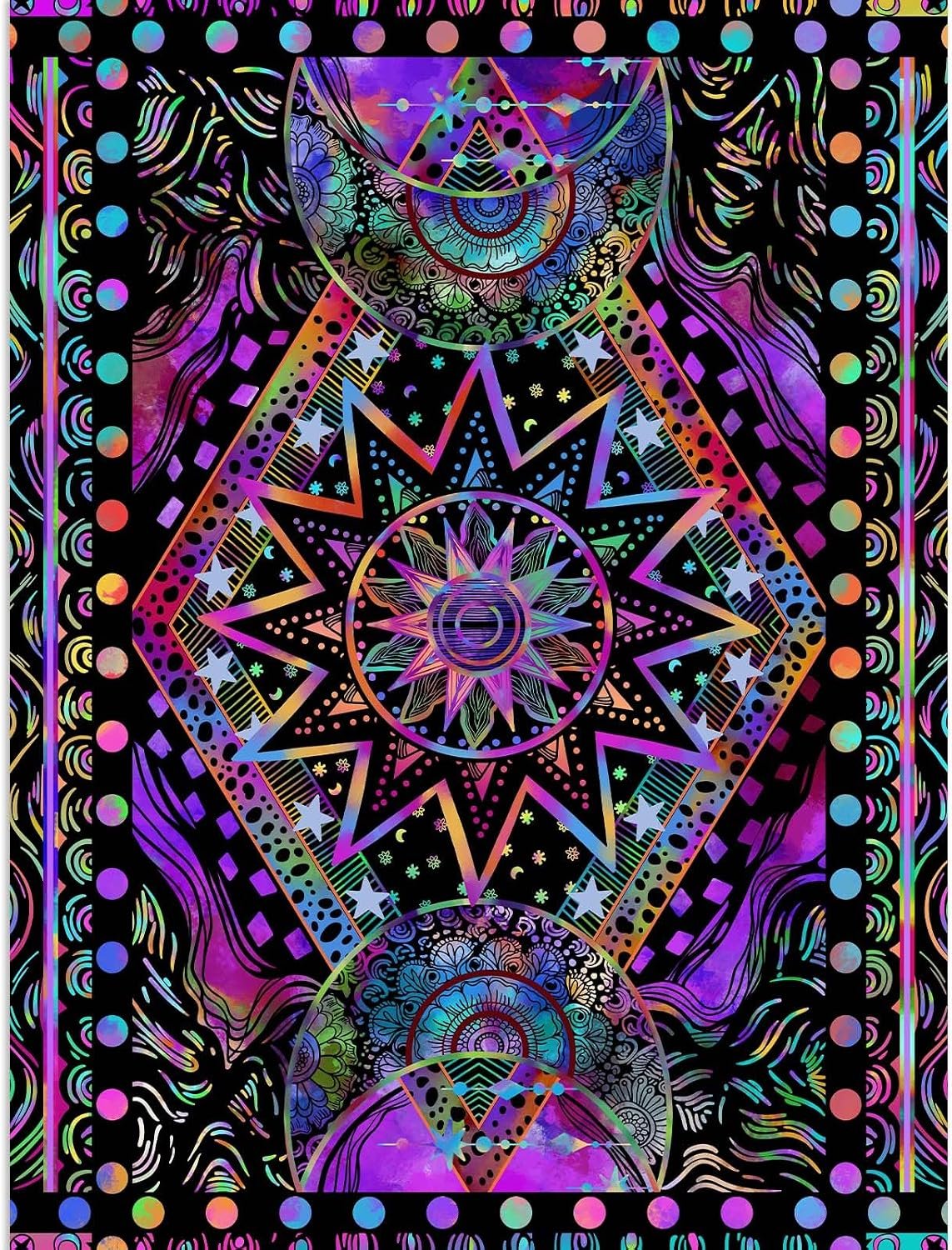 Blacklight Sun and Moon Tapestry Glow in The Dark Neon Hippie Bohemian Tapestries for Bedroom Aesthetic UV Reactive Purple Celestial Tie Dye Tapestry Wall Hanging for Living Room Dorm (40” × 30”)