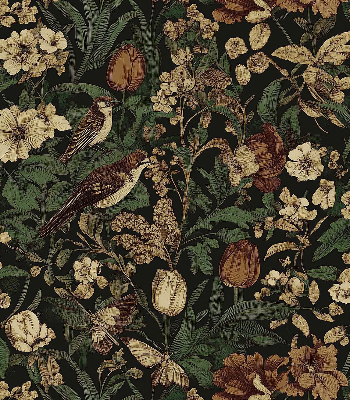 Erfoni Vintage Floral Peel and Stick Wallpaper Dark Floral and Birds | 17.3″ x118″ Contact Paper DIY Self Adhesive Removable Wallpaper for Bedroom Cabinets Decor Retro Boho Flower Leaf Wall Paper