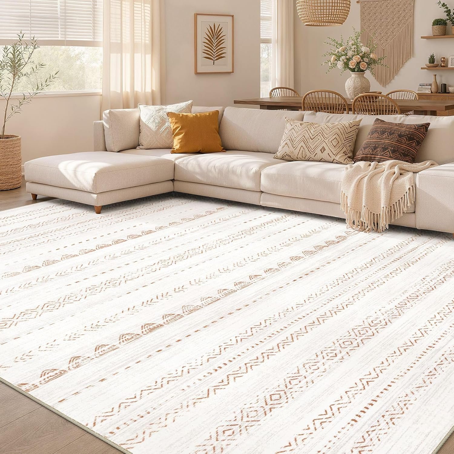 Nakagishi Boho 5×7 Area Rug Living Room Rugs Machine Washable Beige/Brown | Soft, Pet & Kid Friendly, Carpet for Living Room/Bedroom/Office/Kitchen/Nursery, Daily Home Decor Stain Resistant Moroccan