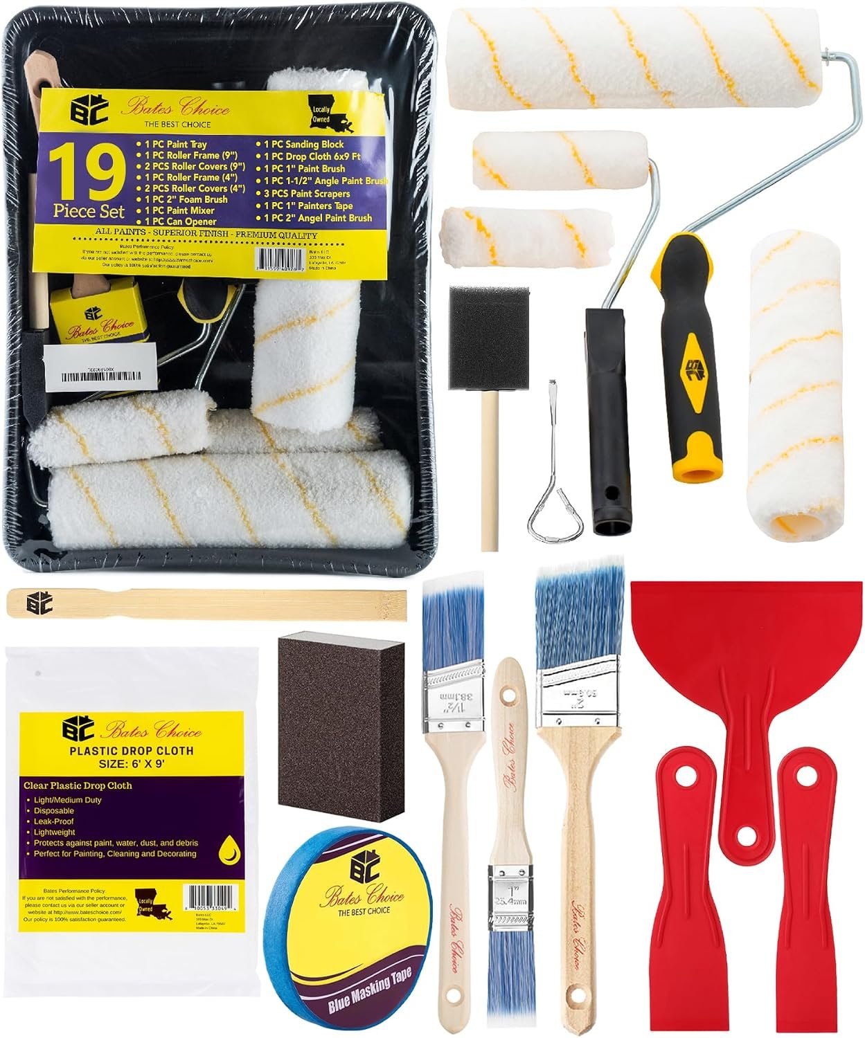 Bates- Paint Roller Kit, 19 pcs, Roller Set with Microfiber Sleeves & Frame | for Walls, Cabinets, Interior and Exterior Painting