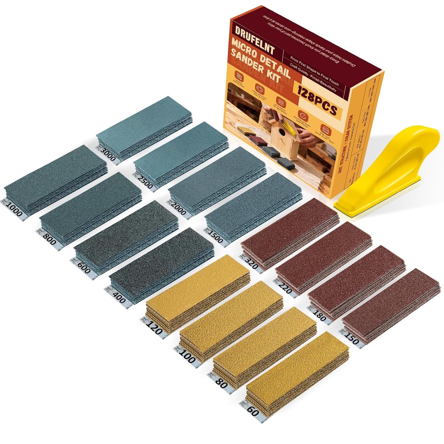 128PCS Premium Micro Sander & Sandpaper Kit, Detail & Mini Hand Sander with Small Sanding Block, 80–3000 Grit Sandpaper Assortment for Wood, Crafts, Furniture, Tight Spaces & DIY Projects