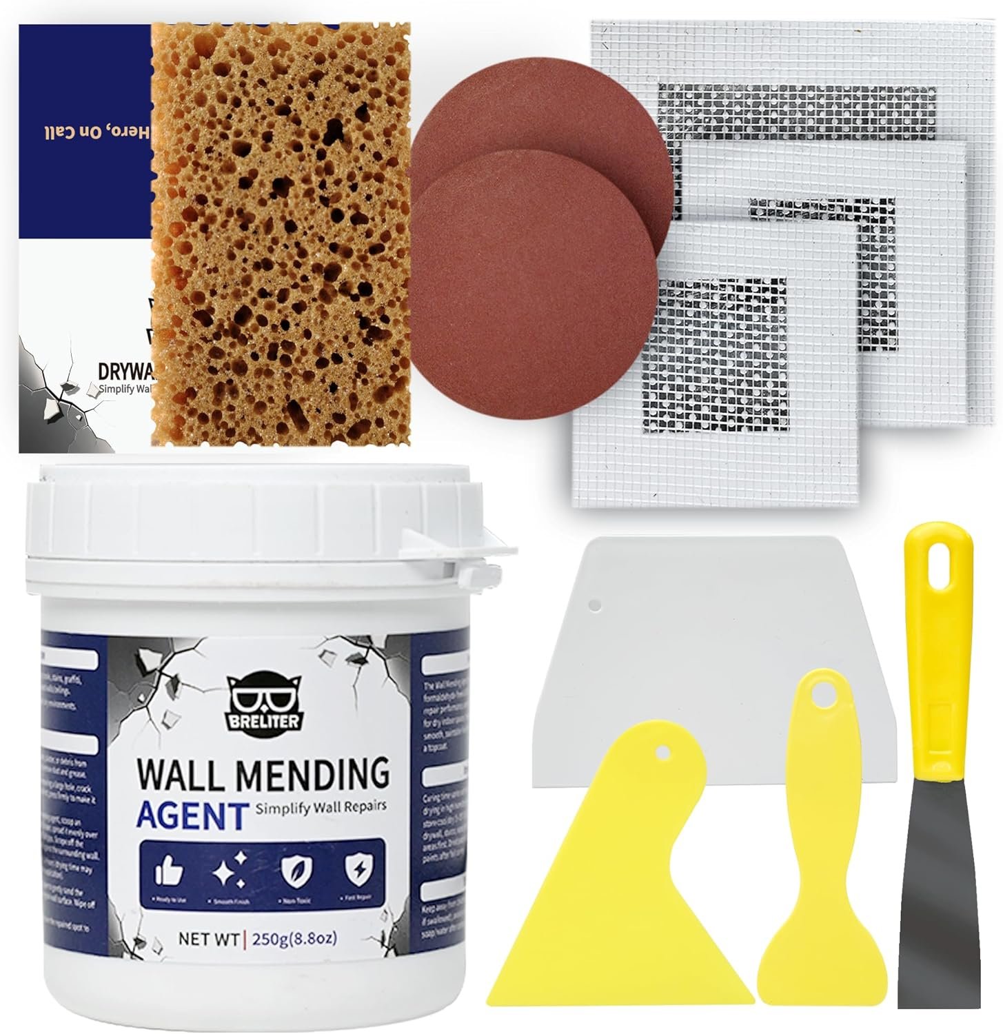 Drywall Patch Repair Kit – Drywall Repair Kit for Wall Texture, Holes, Cracks, Graffiti & Stains, Patches/Scrapers/Sandpaper/Texture Sponge/Putty Knife, Formaldehyde-Free, White (8.8oz)