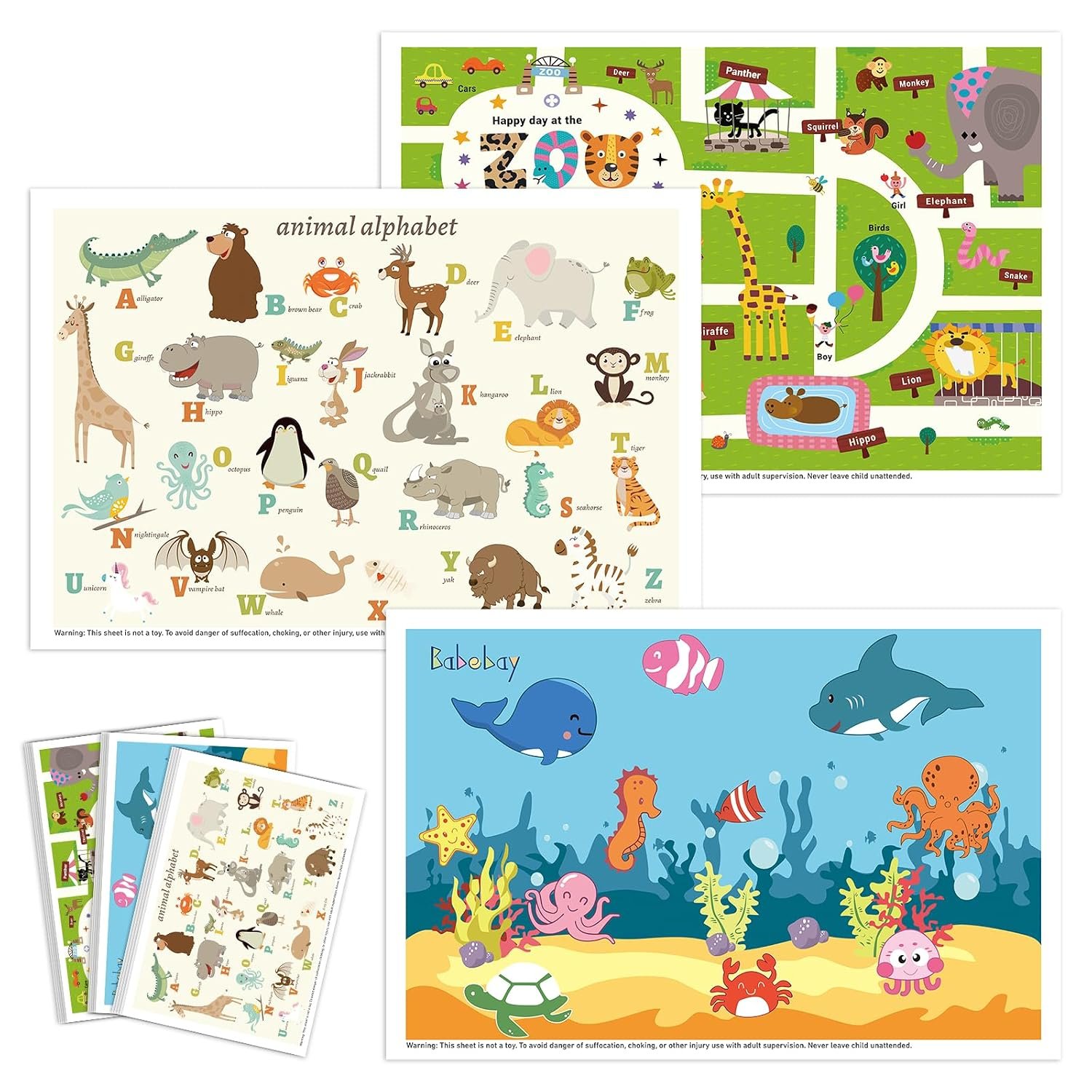 Babebay Disposable Placemats for Baby, 60 Pack Sticky Toddler Placemat for Restaurants, Dining Table, Party, Travel, 12″ x 18″ with 3 Designs