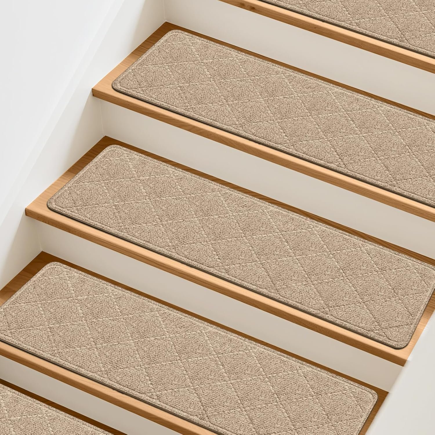 15 Pcs Stair Treads Non-Slip for Wooden Steps, 8″x30″ Beige | Indoor Stair Runner for Kids, Elders & Pets, Washable Polyester Carpet Stair Treads with Peel & Stick Reusable TPE Backing