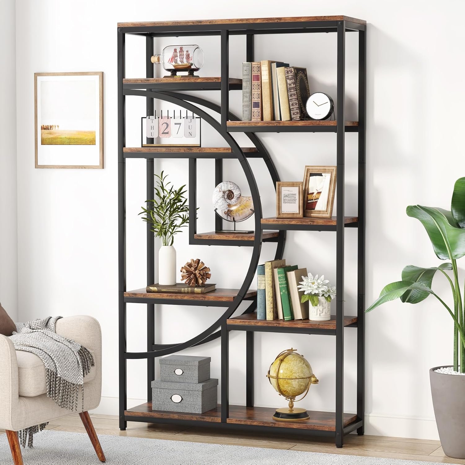 Tribesigns Industrial Bookshelf Bookcase with 9 Open Shelf (Rustic Brown) | 5-Tier Freestanding Tall Bookshelves, Etagere Display Shelf Storage Organizer, Perfect for Living Room, Bedroom