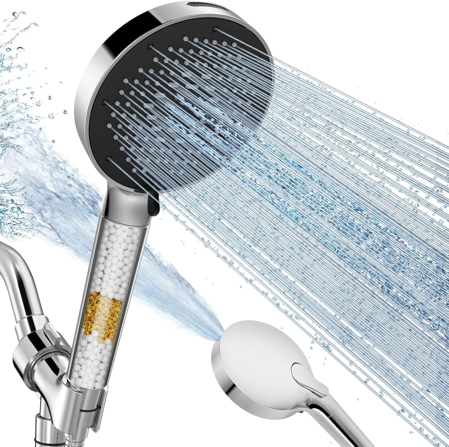 SR SUN RISE Filtered High Pressure 9-mode Handheld Shower Head-Anti-clog Nozzles, Built-in Power Wash to Clean Tub, Tile, Pets, Stainless Steel Hose, Wall, Adjustable Brackets(1 Filter, Chrome Silver)