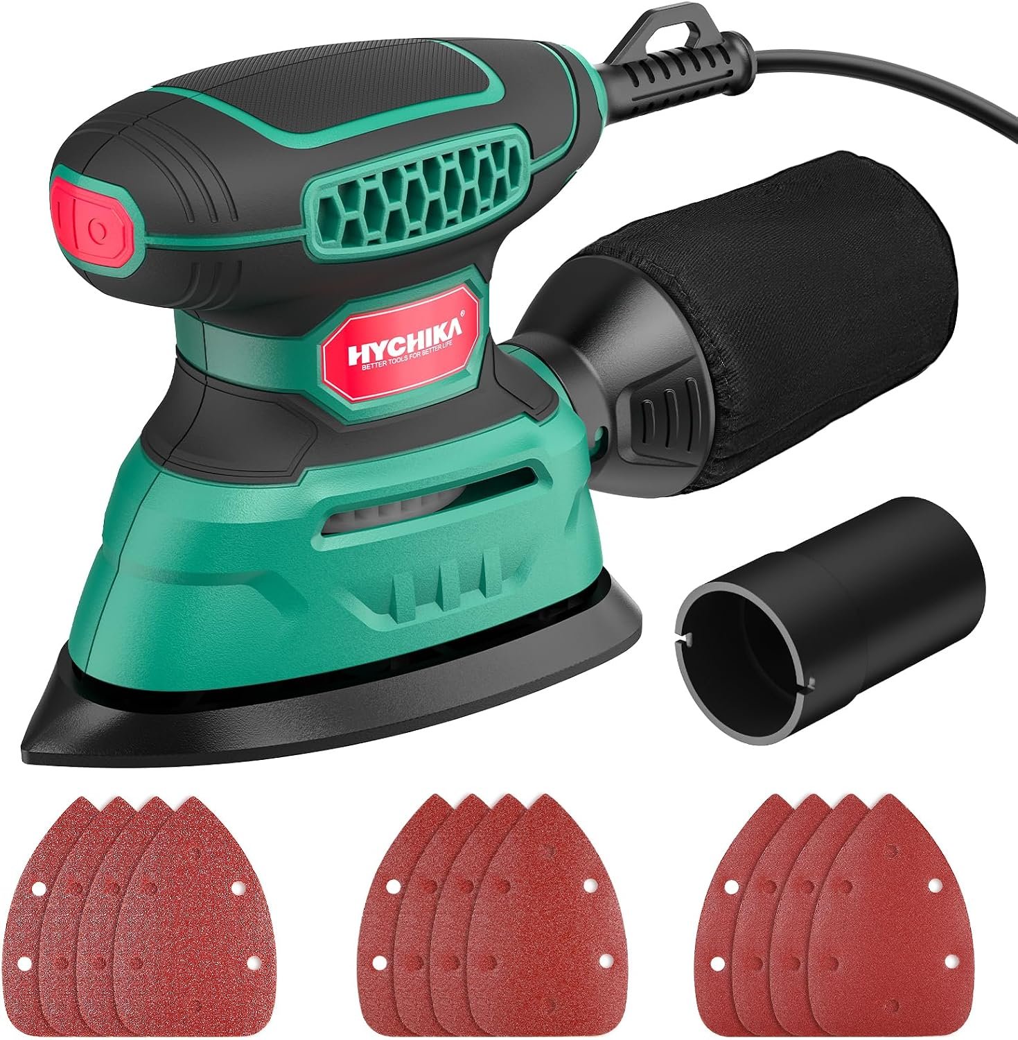 HYCHIKA Detail Sander,140W Electric Sander, up to 13000OPM, 1.2A Palm Sander Tool with 12pcs Sandpapers, with Efficient Dust Collection System, Compact Hand Sander for Woodworking