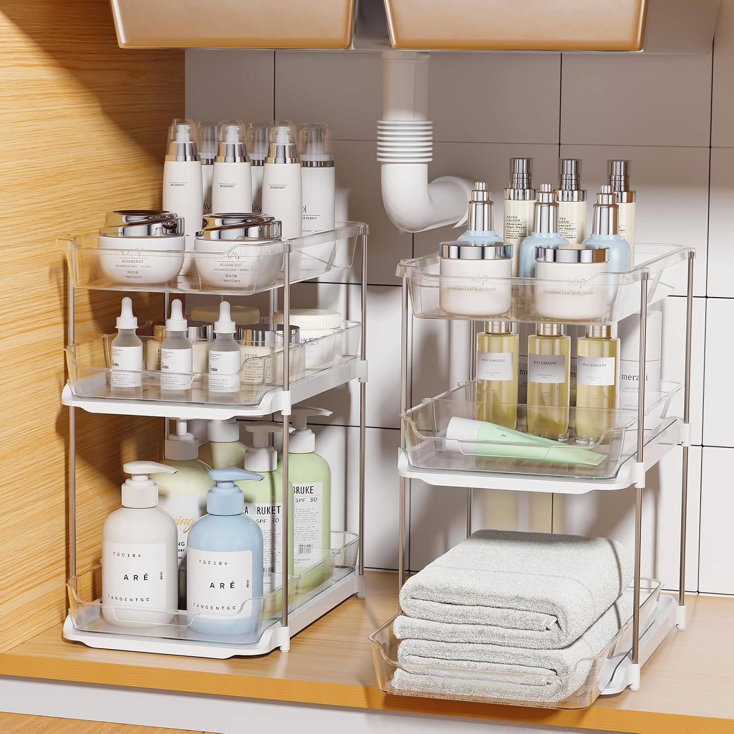 Delamu 2 Sets of 3-Tier Bathroom Under Sink Organizers and Storage, Multi-Purpose Stackable Pantry Organization and Storage, Pull Out Clear Kitchen Bathroom Cabinet Organizer with Movable Dividers | Storage