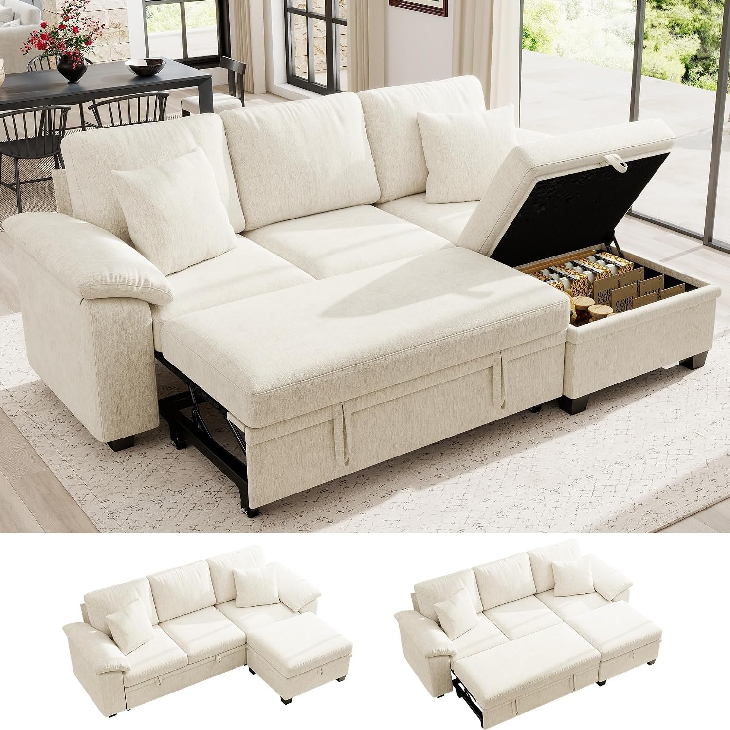 Ihanherry 86″ Modular Sectional Sofa with Pull Out Bed, 4-Seater L Shaped Sectional Sleeper Couch with Storage Ottoman, Chenille Convertible Couches for Living Room, Apartment (Beige)
