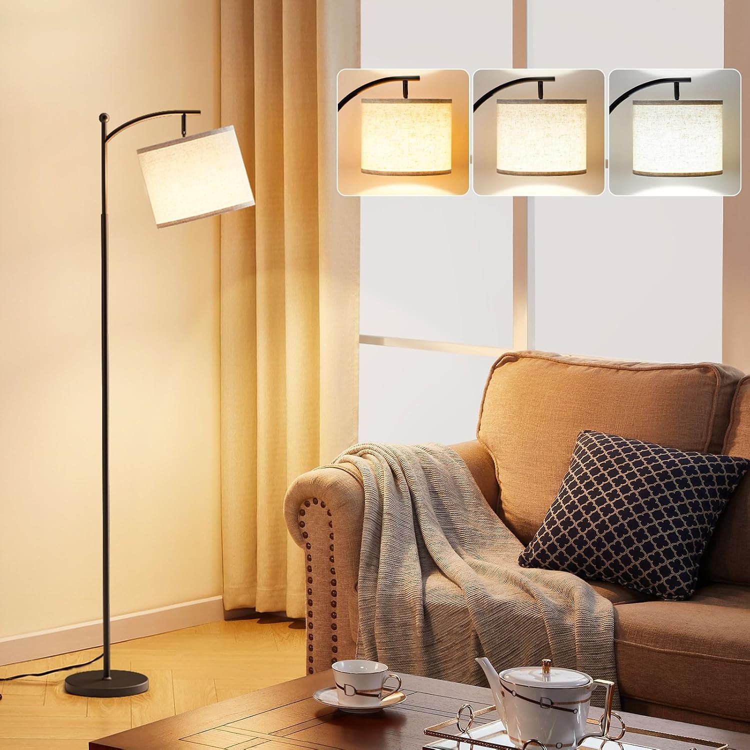 60″ Modern Floor Lamp with Beige Shade, 9W LED Bulb | 3 Color Temperatures Bulb, Adjustable Linen Shade, Standing Lamps for Living Room Bedroom Office Classroom Dorm, Black Pole