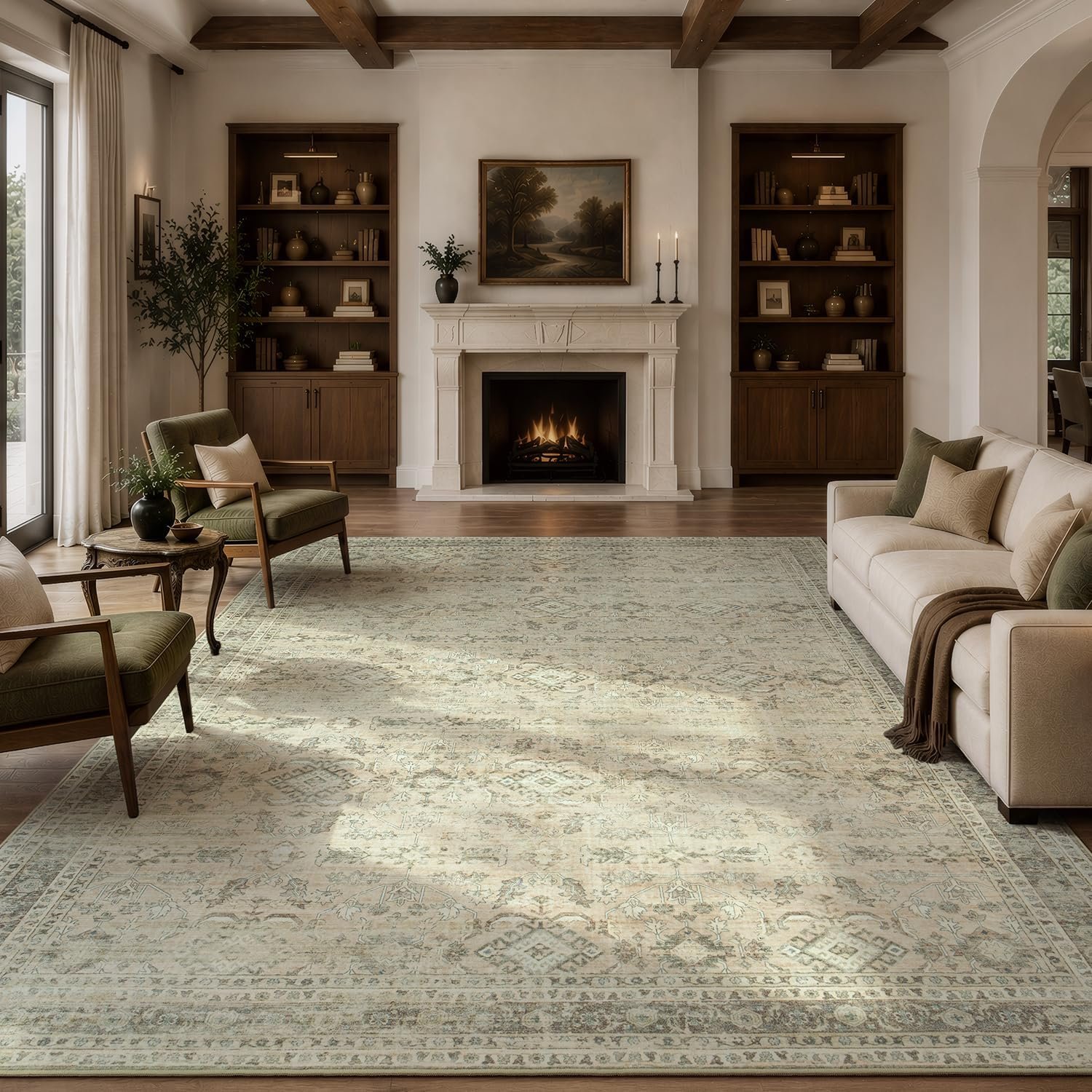 8×10 Area Rugs for Living Room, Beige Washable Non-Slip Rug | Stays Put During Vacuuming; Spill & Stain Resistant; Machine Washable; Soft Vintage Floral Carpet for Bedroom Dining Room