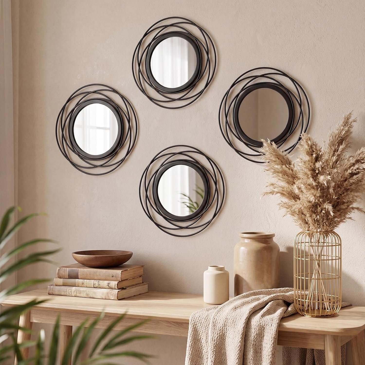 Set of 4 Decorative Wall Mirrors,9 Inch Modern Metal Frame Round Accent Mirrors Abstract Wall Art Decor for Living Room Bedroom Bathroom 2 Color Options (Gold/Black)