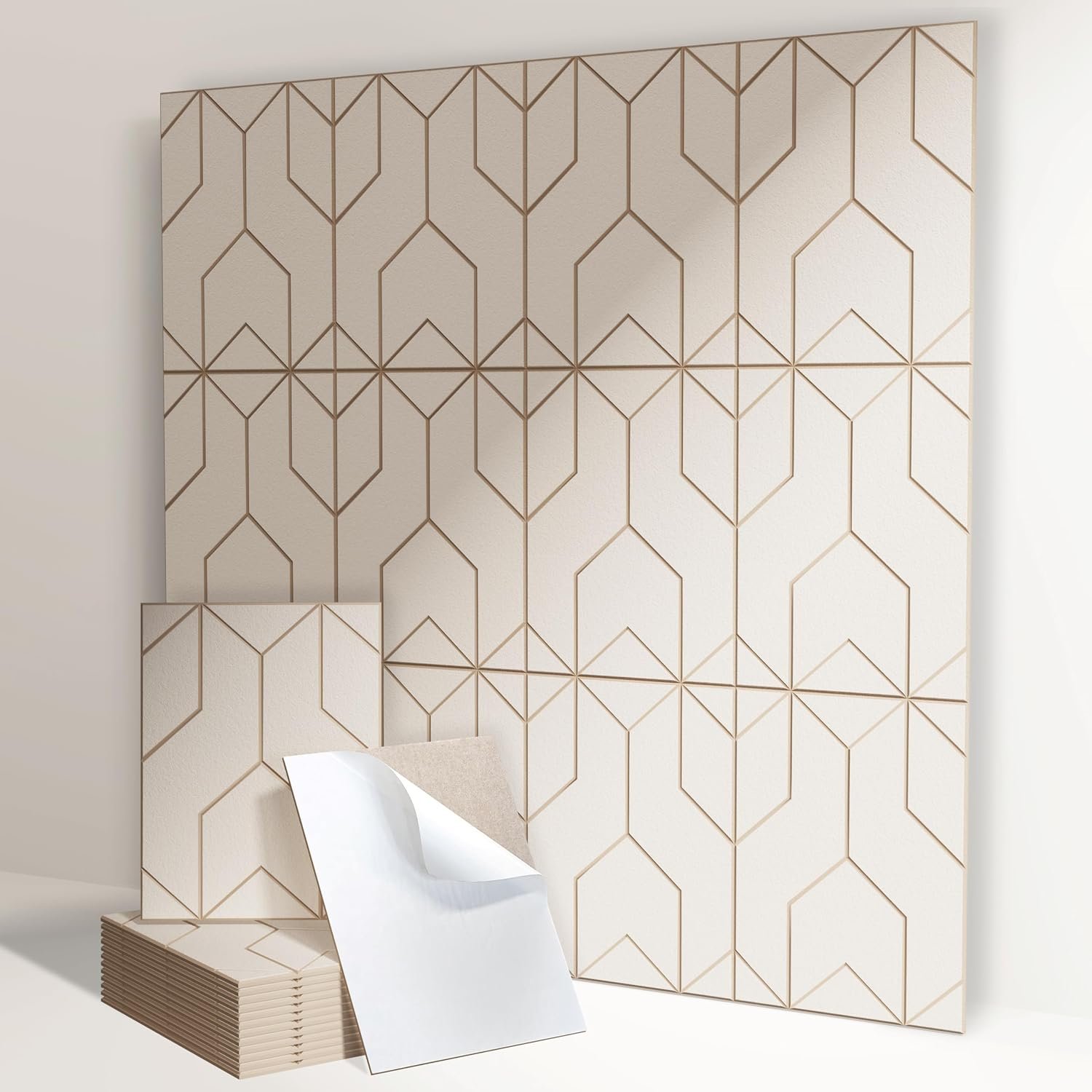 Self-Adhesive Acoustic Panels, 12-Piece, 11.8″ x 15.7″ x 0.42″ | Decorative polyester fiber acoustic wall panels for sound absorbing and echo reduction in bedrooms, offices and apartments.