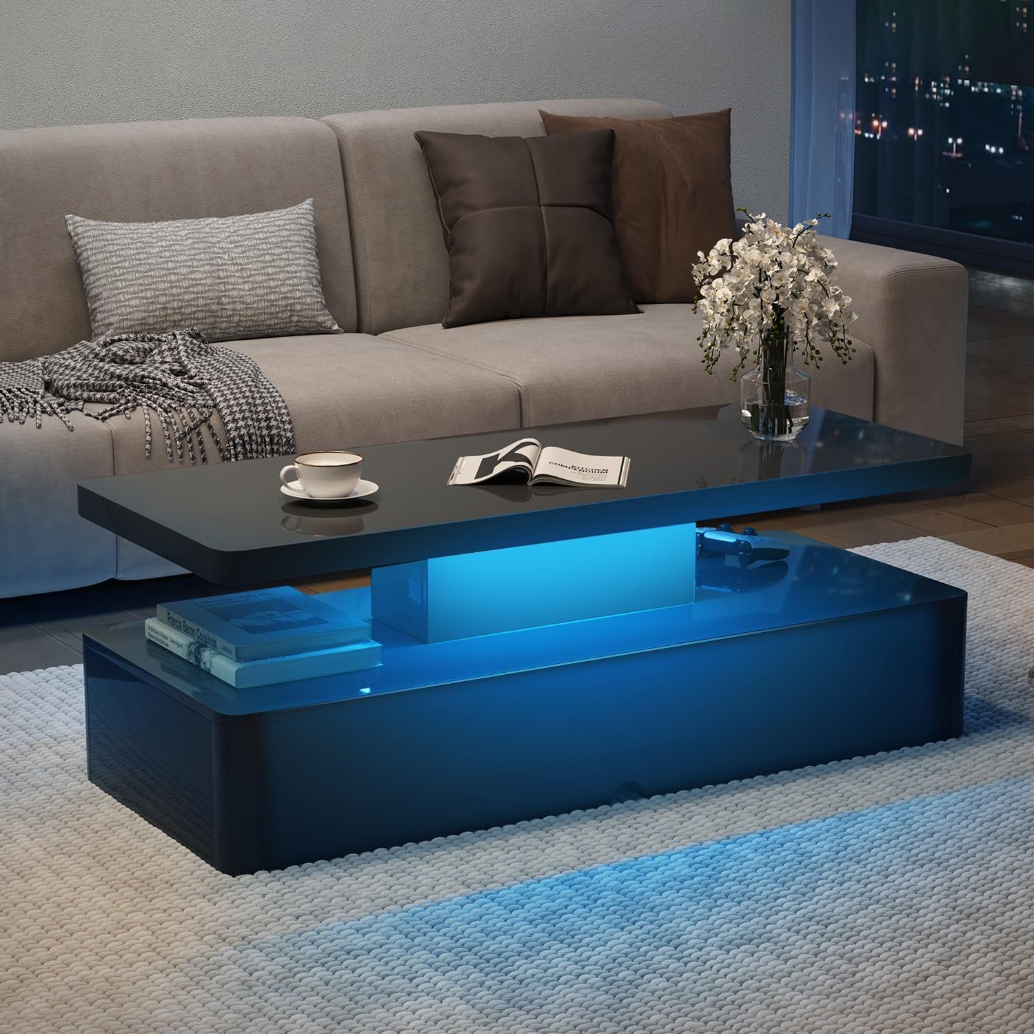 MXV Modern Coffee Table, 40 Inches Coffee Tables with 16 Colors LED Lights, 2 Tier Rectangular Center Table, Large Storage Space, High Glossy Wooden Tea Table for Living Room, Bedroom, Office, Black