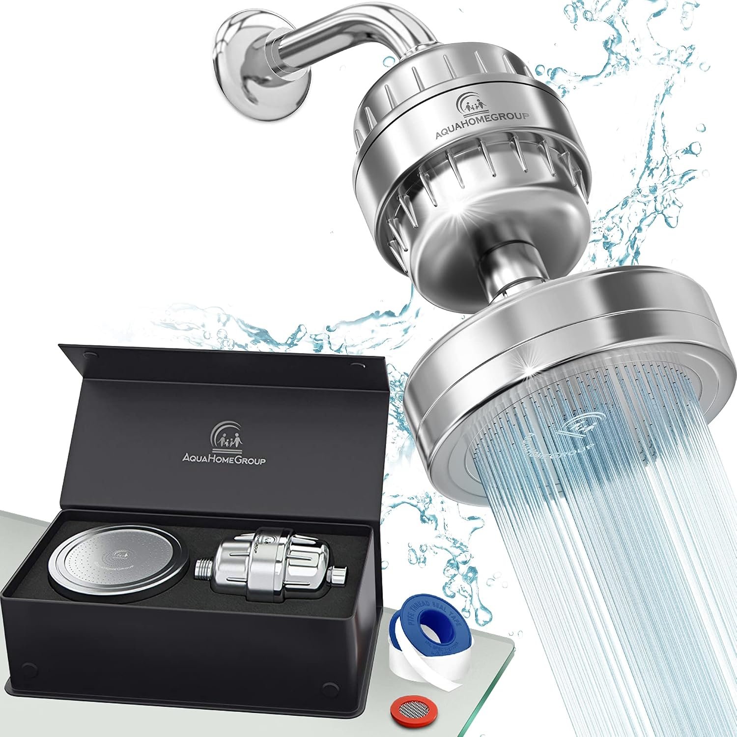 AquaHomeGroup Filtered Shower Head, 20+3 Stage, Reduces Chlorine, Chrome | Shower filter 20+3 stage, reduces chlorine and odor, high output, wall-mount, chrome finish, stainless steel