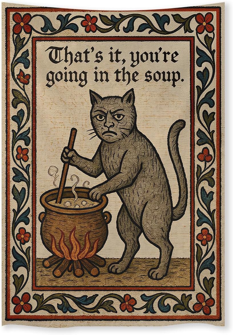 FoxUncle Weird Medieval Cat Tapestry Vintage Medieval Cat Aesthetic Wall Art Funny Quirky Animal Wall Decor 40 x 60 inches Home Decor for Living Room Hallway Bedroom