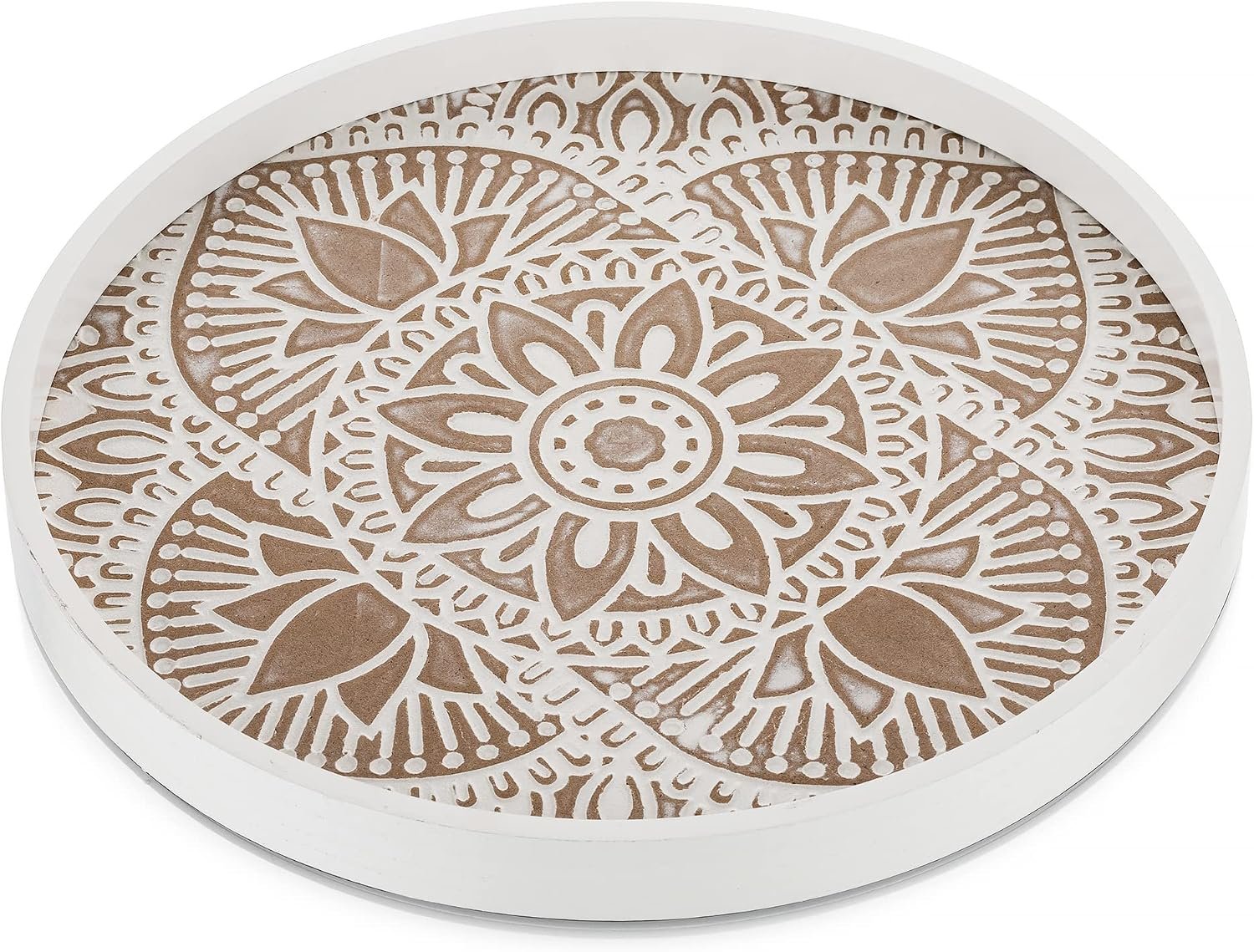 Hanobe Round Boho Decorative Tray for Coffee Table, Mandala Pattern Finish | 11.8″ White Mid-Century Modern Farmhouse Decor for Living Room Kitchen Dining Table Centerpieces