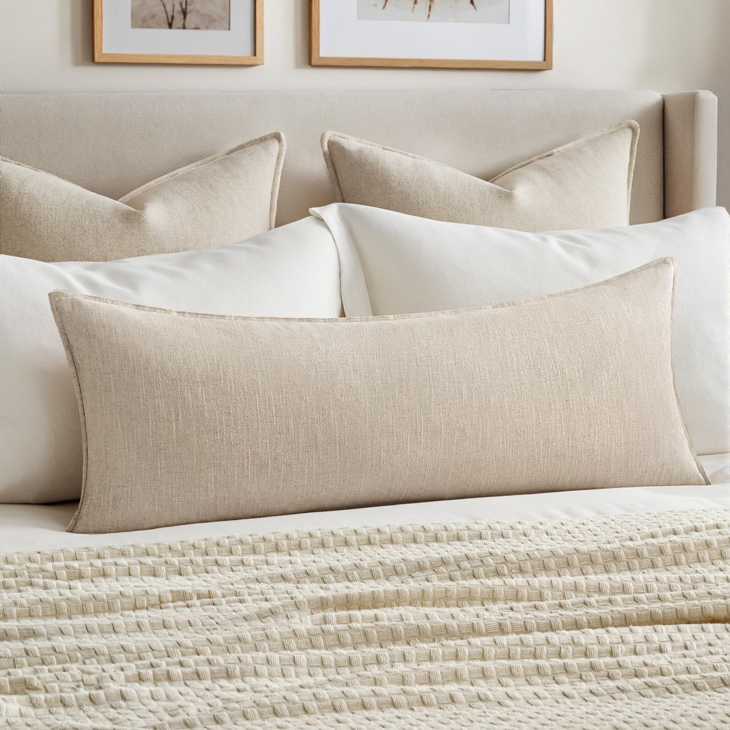 MIULEE Decorative Linen Lumbar Pillow Cover 14×36 Inch Natural Beige | Boho Farmhouse Neutral Couch Long Throw Pillow for Bed, Pack of 1 Accent Modern Pillowcase, Sofa Livingroom Home Decor