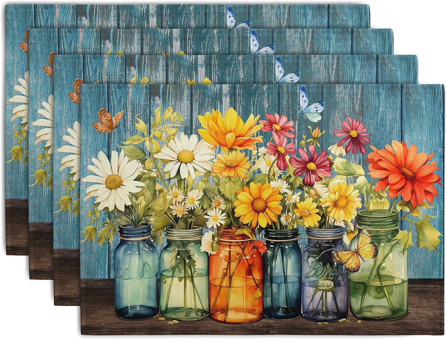 Rustic Daisy Placemats Set of 4 Vintage Flower Vases Wood Grain Linen Table Mats 12×18 Inch Summer Floral Wooden Board Farmhouse Washable Place Mat for Party Kitchen Dining Outdoor Indoor Decor