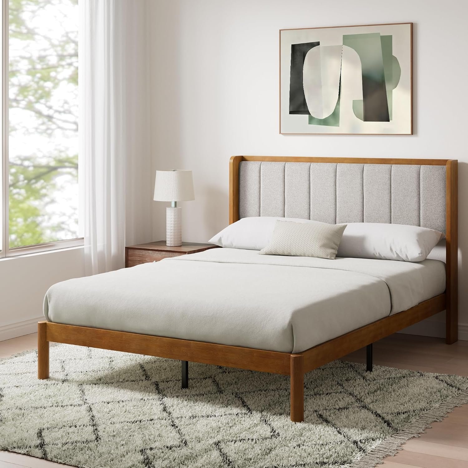 Zinus Jonas Bamboo Platform Bed Frame, Wingback Headboard, Queen | Mid-Century Modern Design, Plush Upholstered Comfort, Sustainable Bamboo, Fits Any Bedroom Style, No Box Spring Needed
