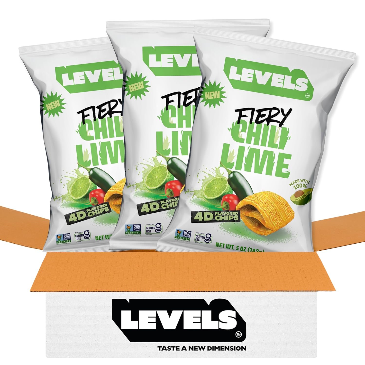 LEVELS 4D Chili Lime Chips – Gluten Free, Avocado Oil Chips, 3-Pack | Zesty Spicy Flavor, Crispy Corn & Potato Snacks by Brent Rivera – Non-GMO, Crunchy – No Artificial Colors or Dyes, 5 oz