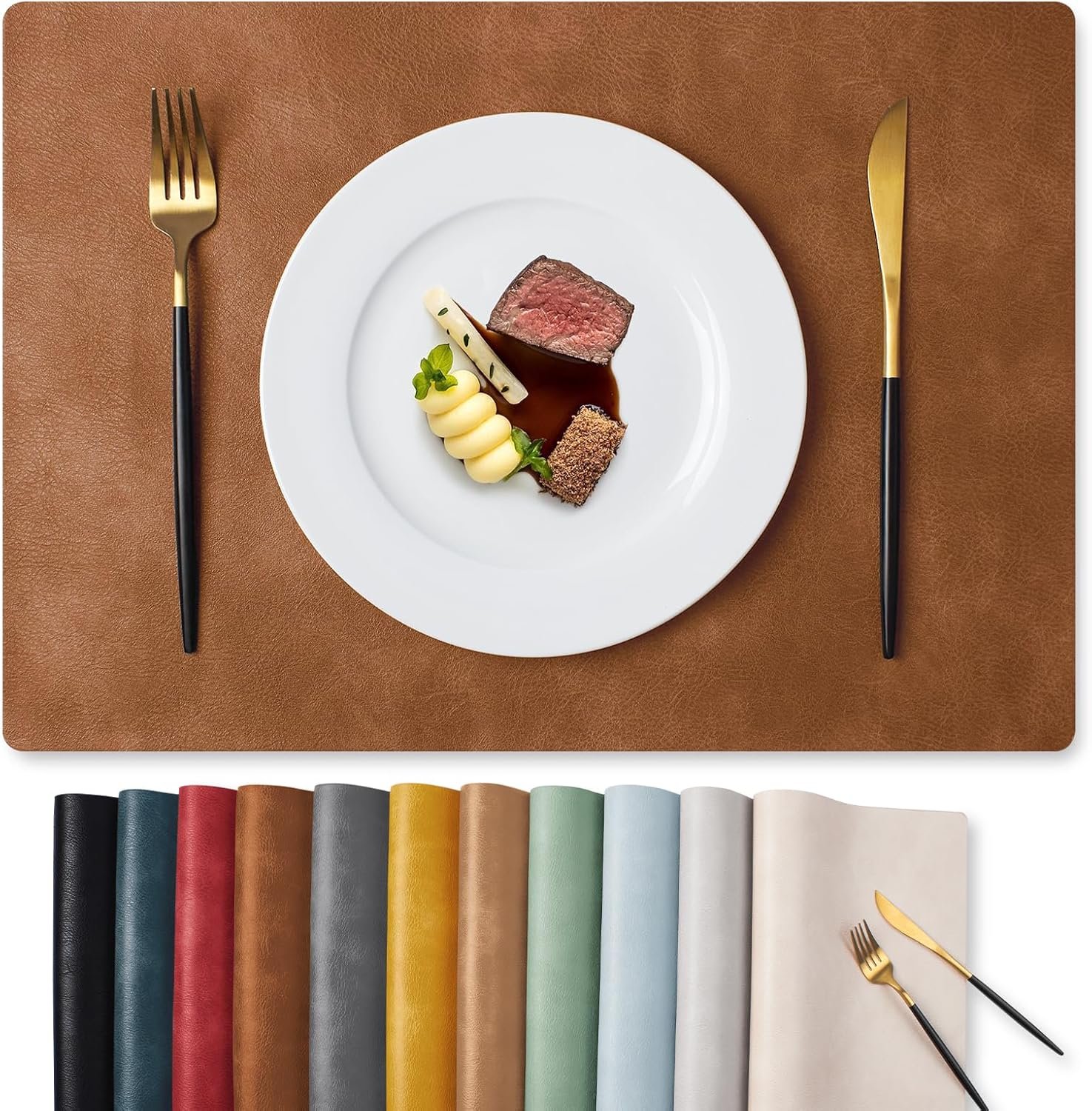 MOSAYT Vinyl Placemats Set of 6-12 X 17 Inch – Faux Leather 100% Waterproof Oil-Proof Wipeable PU Place Mats, Heat Resistant Reversible Table Mats for Kitchen, Dining, Outdoor, Reddish Brown