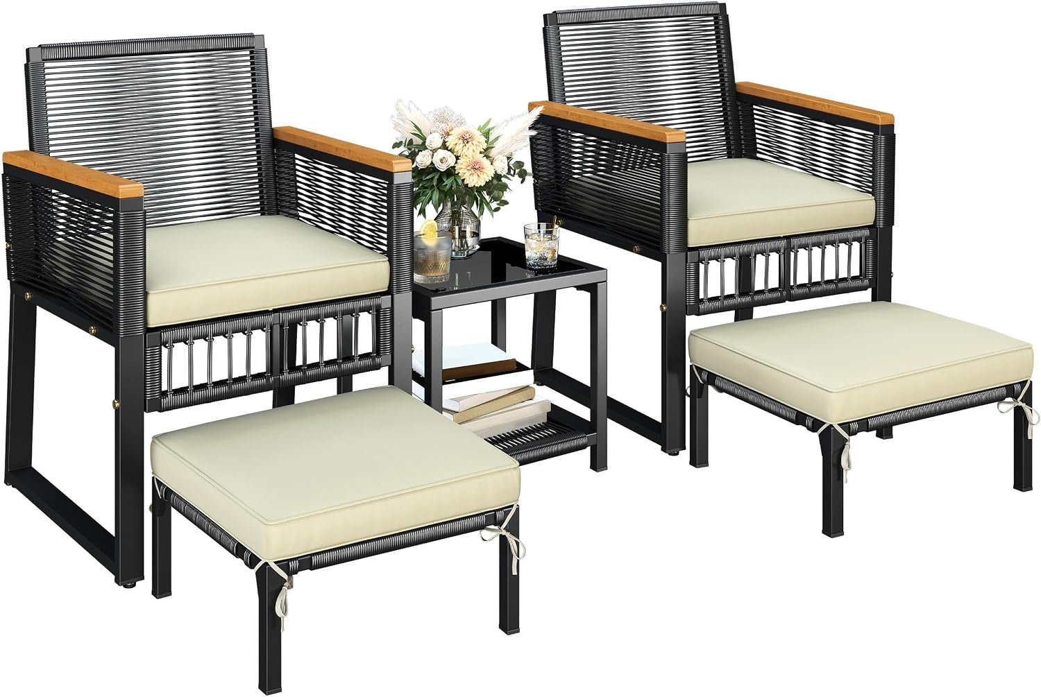 Yaheetech 5-Piece Outdoor Conversation Set, Wicker Patio Furniture Set | w/ Rattan Armchairs, 2-Layer Side Table, Ottomans, Acacia Wood Armrests & Metal Frame for Backyard, Porch, Balcony