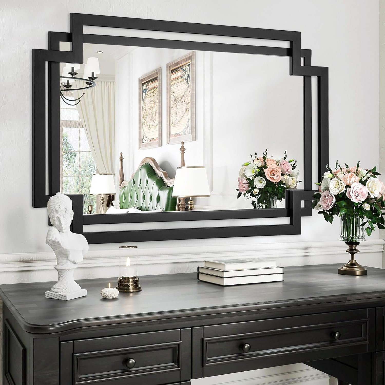28″ x 40″ Black Wall Mirror for Decor, Large Bathroom Mirror with Geometric Metal Frame, Modern Rectangular Mirror for Entryway, Dining Room, Fireplace