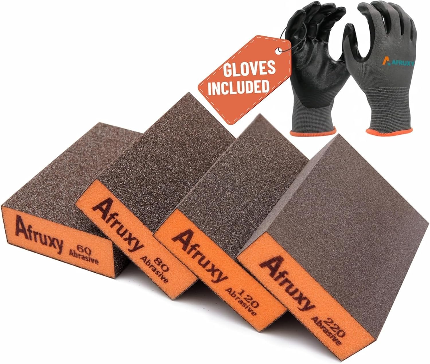 Sanding Sponge, 60/80/120/220 Grit 4-Pack with Protective Gloves, Coarse Fine Medium Grit Sanding Block, Reusable Dry Wet Sanding Blocks for Wood, Drywall,Metal, Fine Sandpaper Sand Block by Afruxy