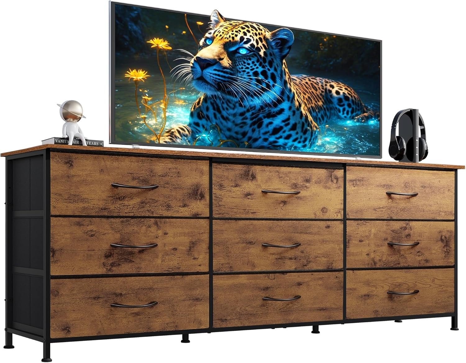 WLIVE Dresser TV Stand for 75 Inch TV, 9 Drawer Dresser, Rustic Brown | Fits TVs up to 75 inch, 9 roomy fabric drawers, Wide wood tabletop, Living room or bedroom, Chest of drawers