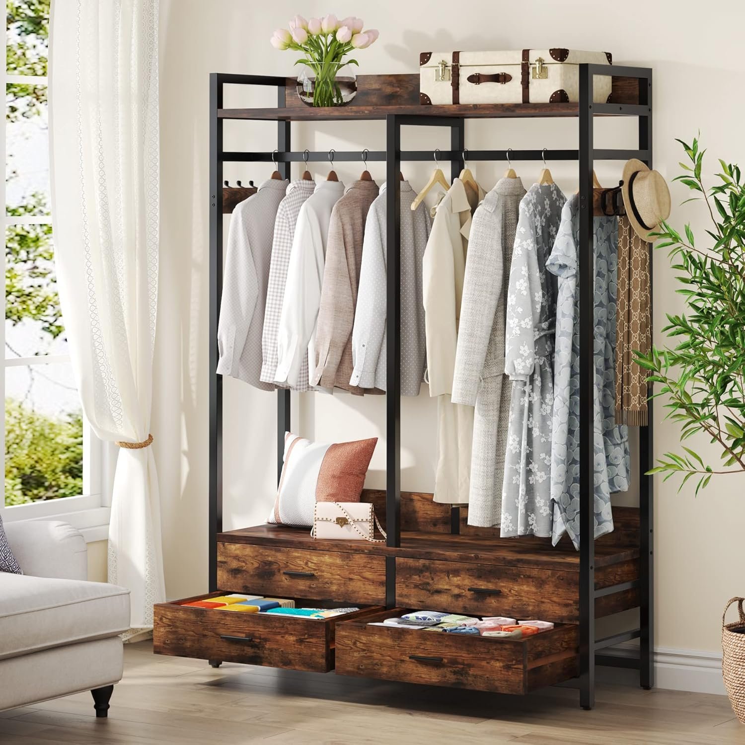 Tribesigns Freestanding Closet Organizer, Garment Rack with 4 Drawers | Heavy Duty Clothing Rack, Open Wardrobe Closet for Bedroom, 8 Hooks and Storage Shelves, Wood and Metal, Rustic Brown