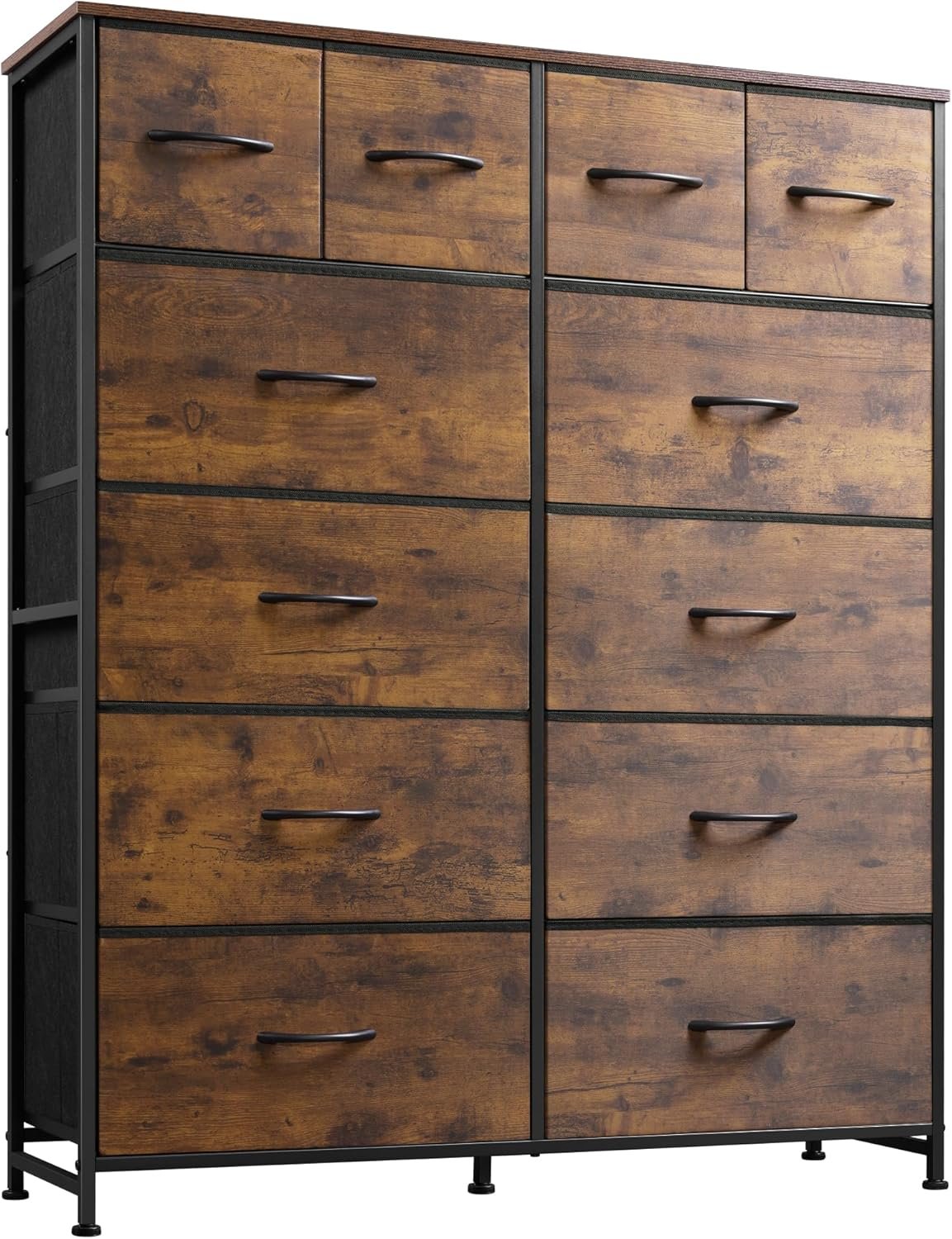 WLIVE 12 Drawer Tall Fabric Dresser Bedroom Storage Chest, Rustic Brown | 12-drawer tall fabric dresser with wood top and steel frame, P2 grade board, ideal for bedroom closet living room storage