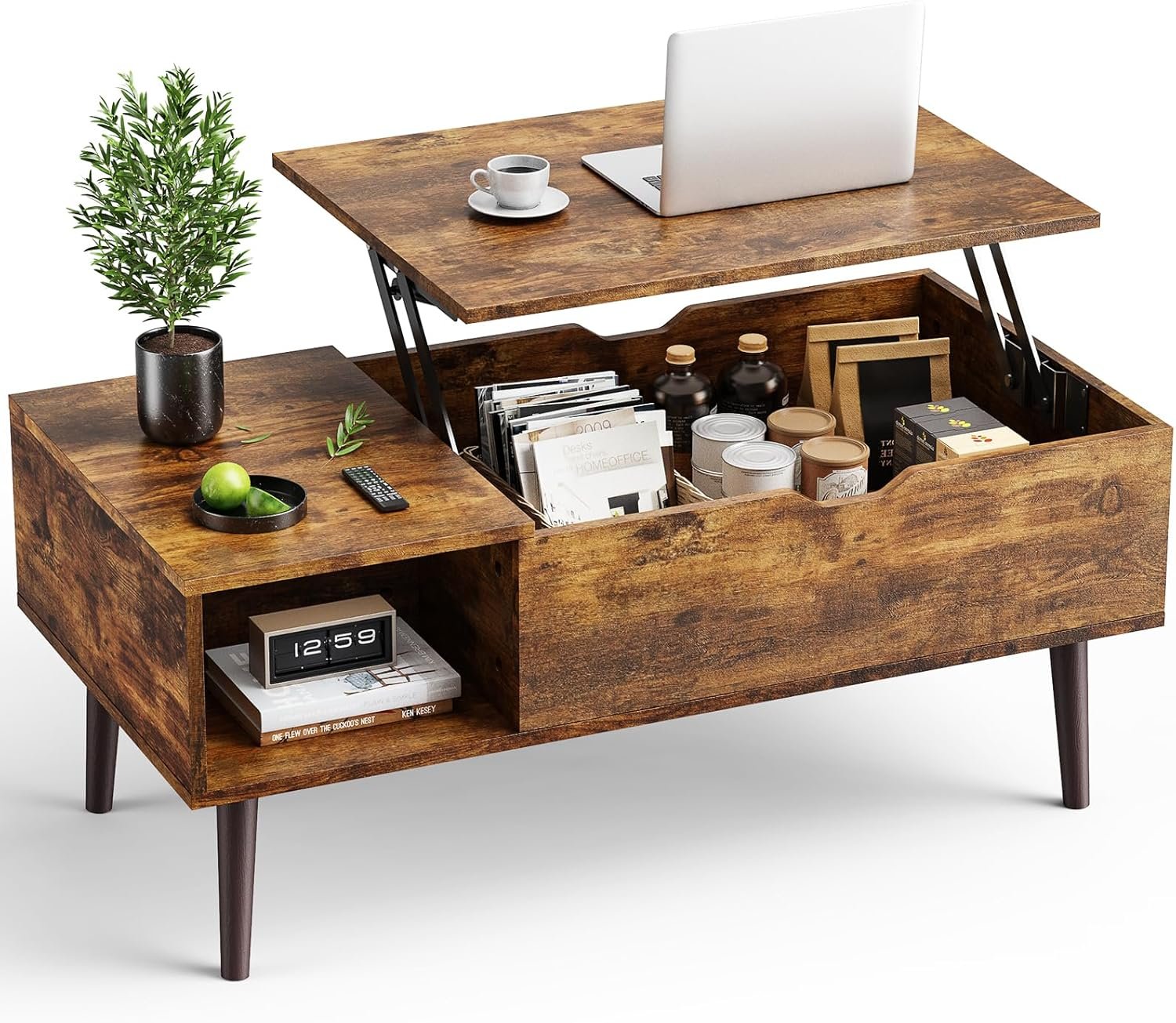 OLIXIS Wooden Coffee Table, Lift Top Coffee Table with Large Hidden Compartment and Ample Storage Shelf, Lift Tabletop Dining Table for Living Room, Home Small Space, Rustic | Wood,Lift Top, Hidden Compartment, Storage Shelf, Center Table, Home, Living Room, Office